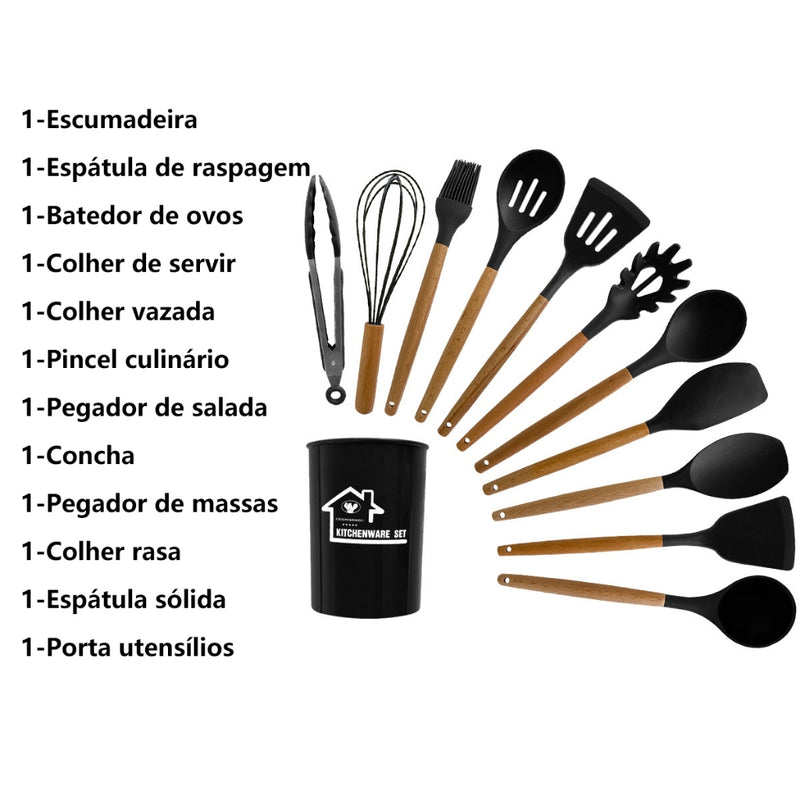 Kit 12 Utensílios De Cozinha Em Silicone Cabo De Madeira Com Pote Alto Qualidade ATP07