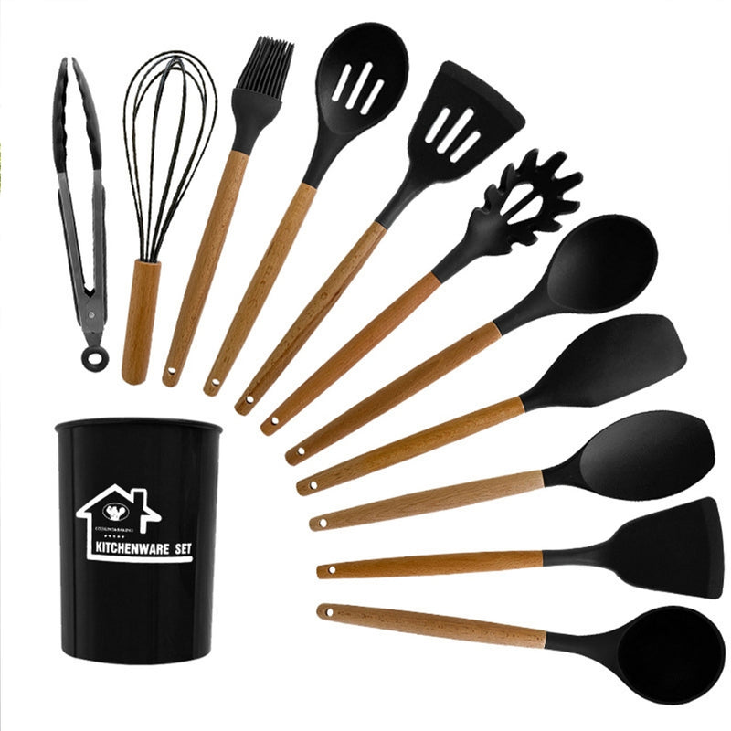 Kit 12 Utensílios De Cozinha Em Silicone Cabo De Madeira Com Pote Alto Qualidade ATP07