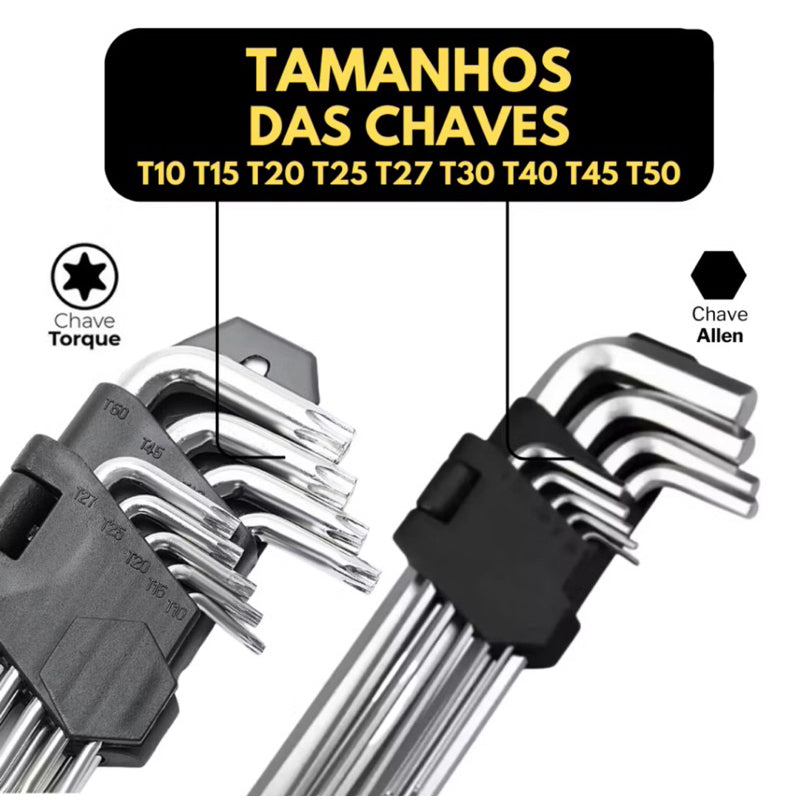 Kit Chave Torx + Kit Allen Curta 18pcs Aço Cromo Vanadium